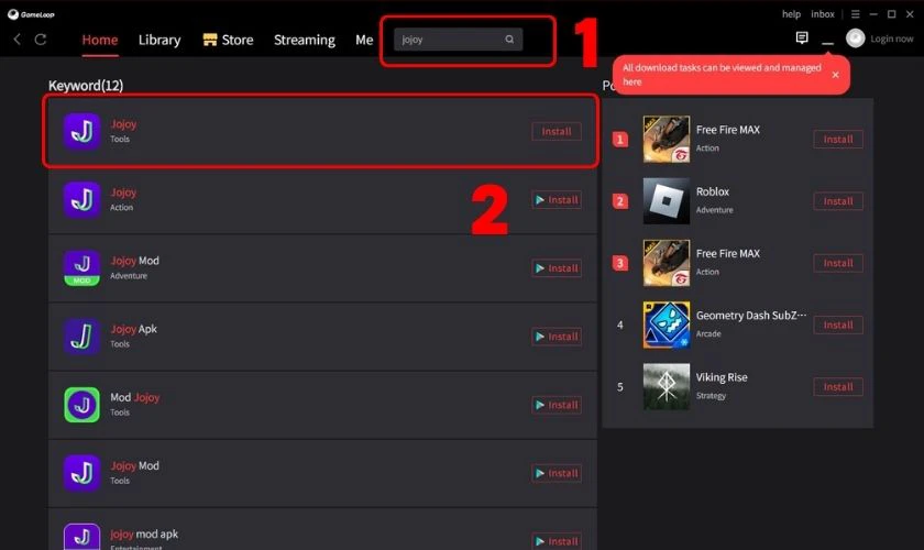 T&igrave;m kiếm Jojoy trong ứng dụng GameLoop