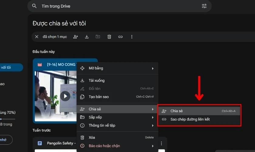 T&igrave;m tệp video đ&atilde; tải l&ecirc;n v&agrave; nhấp chuột phải v&agrave;o tệp để chọn Chia sẻ