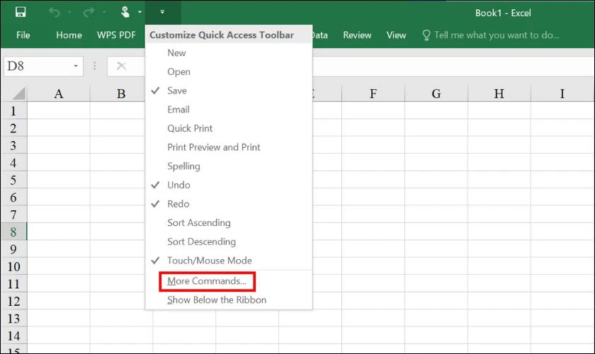 Nhấn v&agrave;o biểu tượng tam gi&aacute;c ngược, chọn More Commands...