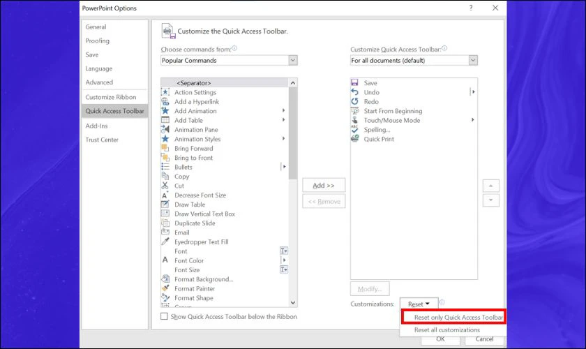 Reset thanh Quick Access Toolbar