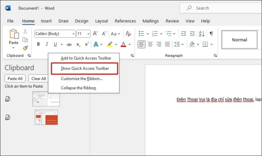 C&aacute;ch hiện thanh Quick Access Toolbar trong Word