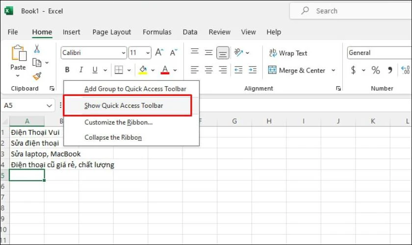 C&aacute;ch hiện thanh Quick Access Toolbar trong Excel