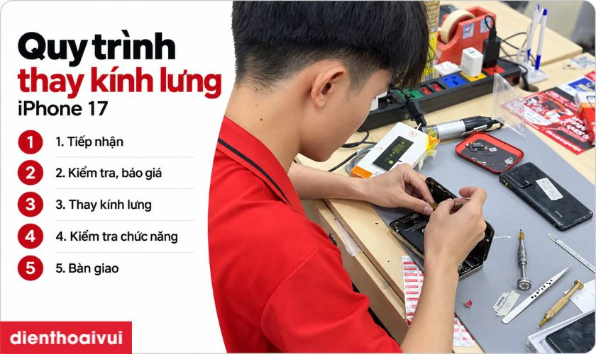 Quy tr&igrave;nh thay k&iacute;nh lưng iPhone 17 tại Điện Thoại Vui