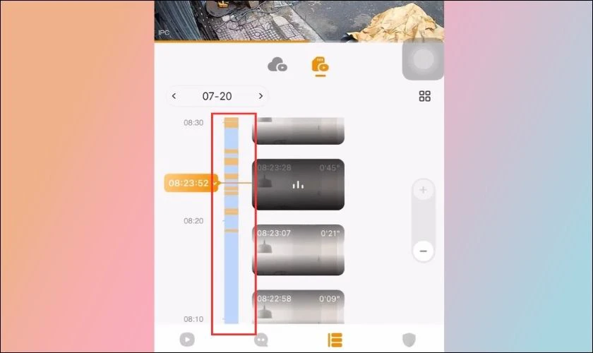 Bạn c&oacute; thể trượt l&ecirc;n xuống thanh timeline để xem lại c&aacute;c đoạn video được ghi h&igrave;nh trong ng&agrave;y