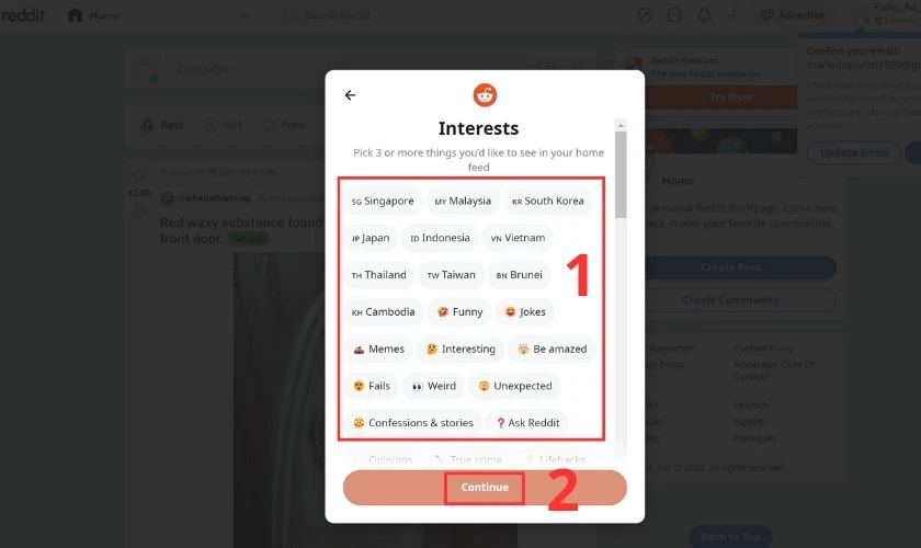 Bấm v&agrave;o những nội dung, sở th&iacute;ch bạn muốn xuất hiện tr&ecirc;n trang chủ rồi chọn Continue
