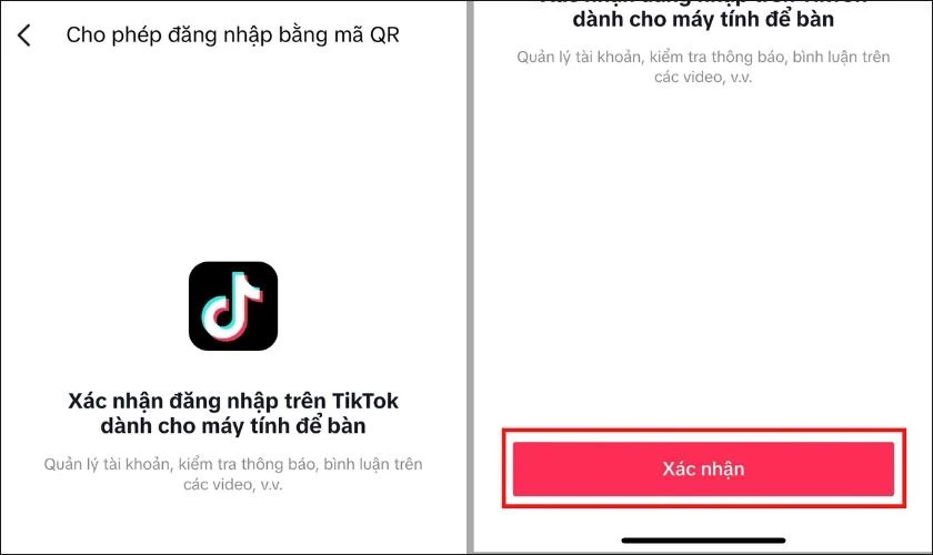 Nhấn x&aacute;c nhận Cho ph&eacute;p đăng nhập bằng m&atilde; QR