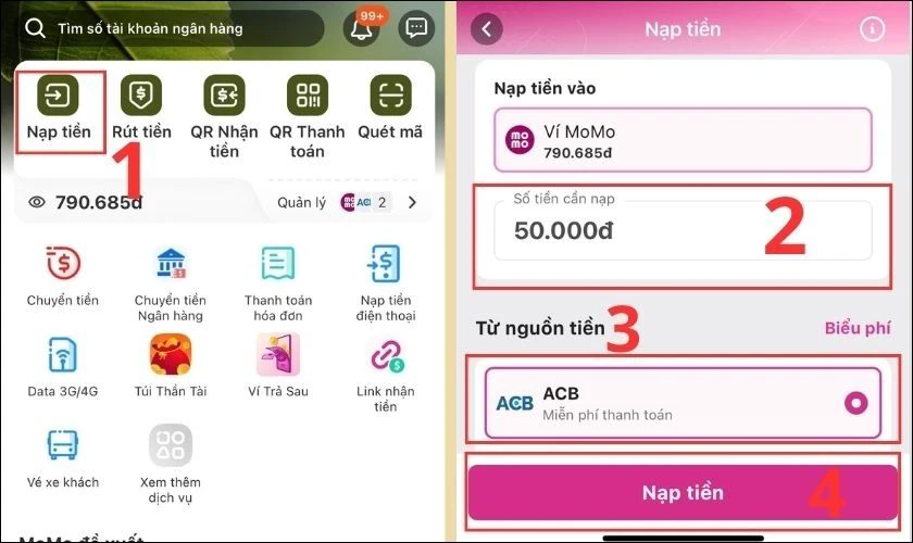 Nhập số tiền v&agrave; lựa chọn ng&acirc;n h&agrave;ng để nạp tiền v&agrave;o MoMo