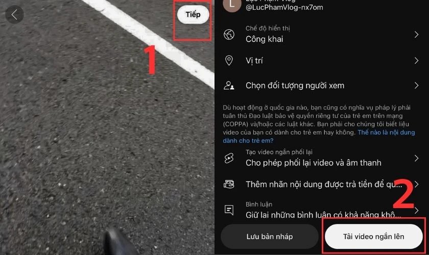 Nhấn chọn Tiếp v&agrave; chọn Tải video ngắn l&ecirc;n