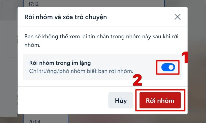 Bật chế độ Rời nhóm trong im lặng và chọn Rời nhóm