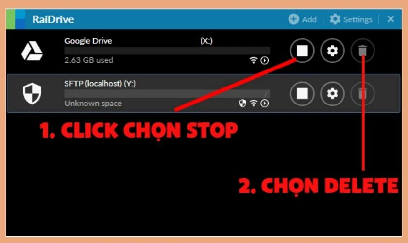C&aacute;ch ngắt kết nối v&agrave; x&oacute;a Google Drive khỏi RaiDrive