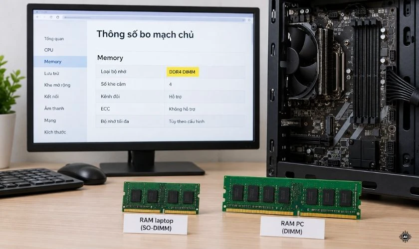 Kiểm tra loại RAM và khe cắm trên mainboard