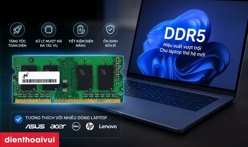 RAM DDR5 được thiết kế để tương th&iacute;ch với nhiều d&ograve;ng laptop đời mới