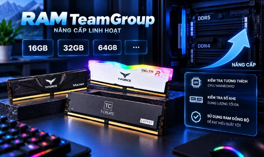 RAM TeamGroup có khả năng nâng cấp linh hoạt với nhiều lựa chọn dung lượng và tốc độ