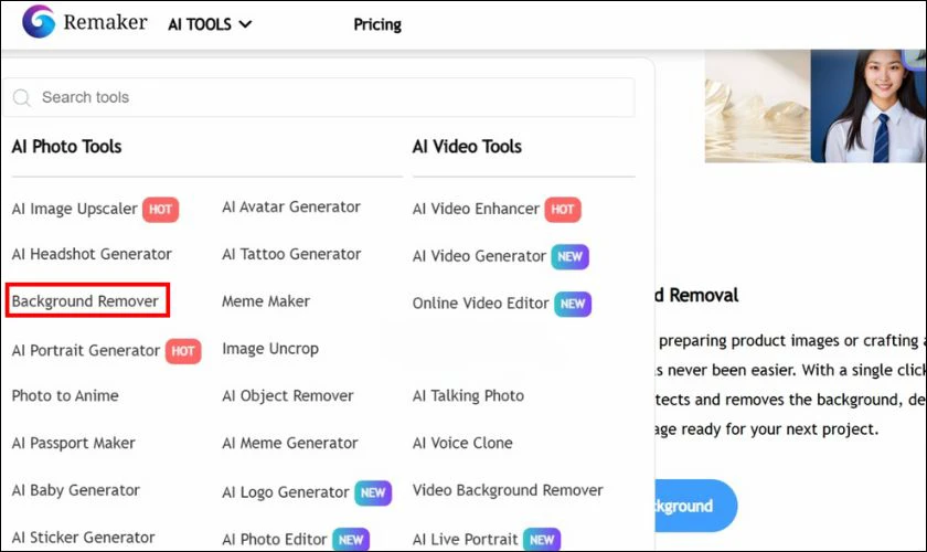 C&aacute;ch sử dụng Remaker AI để x&oacute;a nền ảnh
