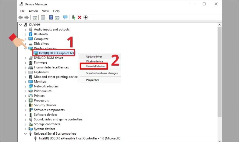 Chọn Uninstall device v&agrave; khởi động lại m&aacute;y t&iacute;nh để cập nhật driver mới cho card m&agrave;n h&igrave;nh