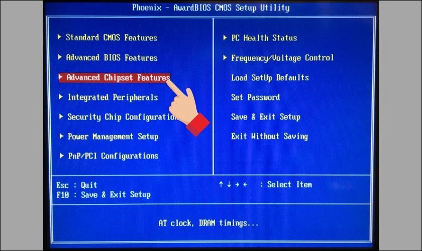 Trong BIOS bạn t&igrave;m v&agrave; chọn v&agrave;o Advanced Chipset Feature