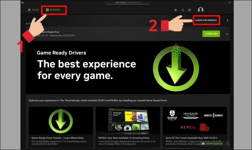 Sau đ&oacute; chọn v&agrave;o Drivers v&agrave; nhấn v&agrave;o Check for Updates