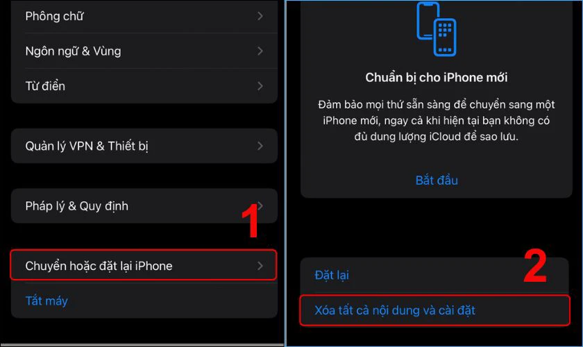 Bạn nhấn chọn n&uacute;t lệnh X&oacute;a tất cả nội dung v&agrave; c&agrave;i đặt để ho&agrave;n tất qu&aacute; tr&igrave;nh reset m&aacute;y