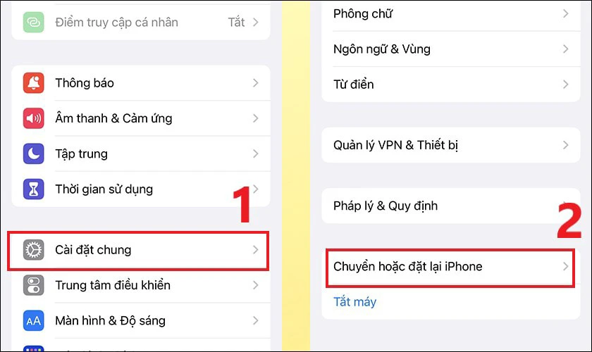 Chọn C&agrave;i đặt chung rồi nhấn v&agrave;o Chuyển hoặc đặt lại iPhone