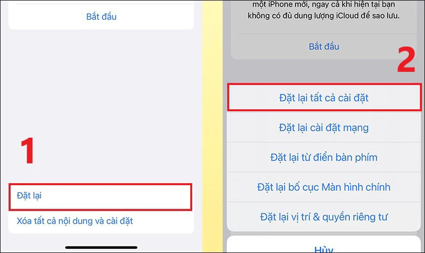 Nhấn chọn v&agrave;o Đặt lại rồi chọn Đặt lại tất cả c&agrave;i đặt để reset iPhone 12 bị treo m&aacute;y