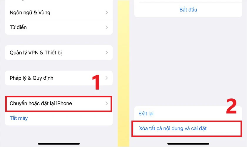 Chọn tiếp v&agrave;o Chuyển hoặc đặt lại iPhone v&agrave; bấm chọn X&oacute;a tất cả nội dung v&agrave; c&agrave;i đặt để reset