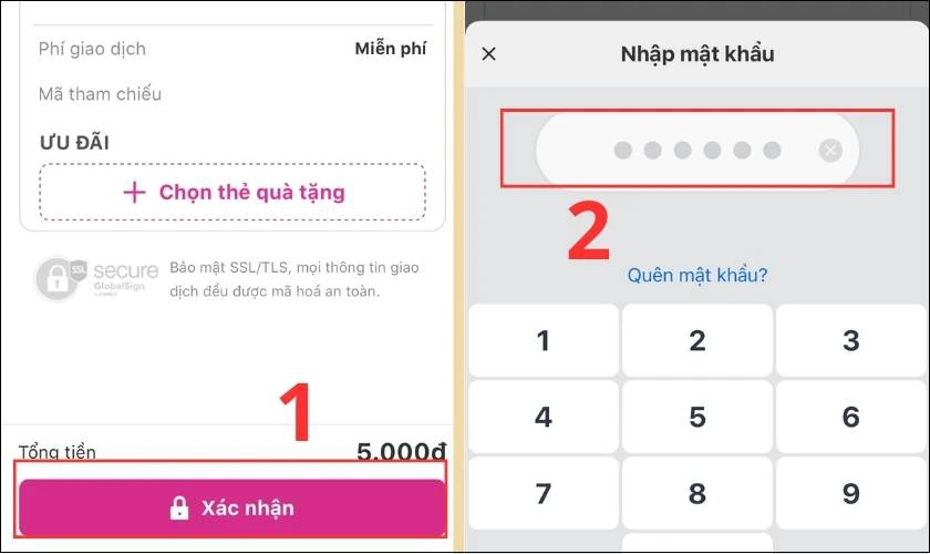 Nhấn X&aacute;c nhận v&agrave; nhập mật khẩu MoMo