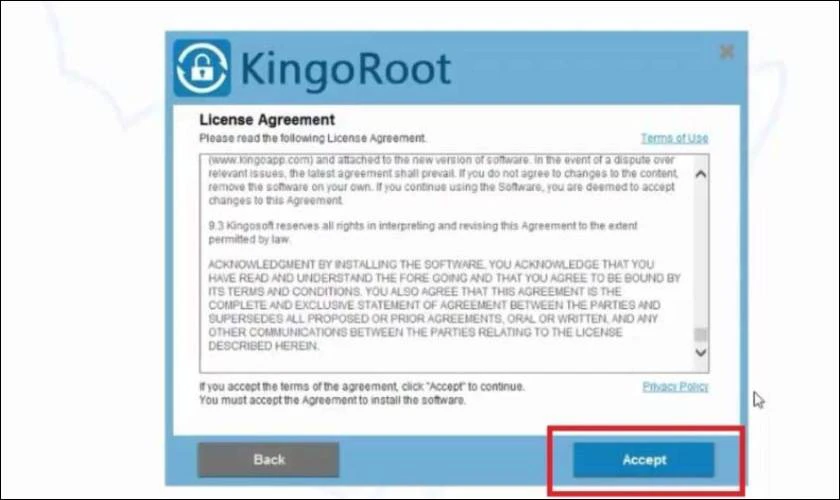Nhấn Accept để đồng &yacute; điều khoản v&agrave; cho ph&eacute;p c&agrave;i đặt Kingo Root l&ecirc;n m&aacute;y t&iacute;nh