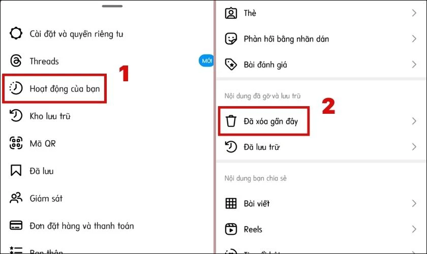 Chọn Hoạt động của bạn v&agrave; chọn mục Đ&atilde; xo&aacute; gần đ&acirc;y