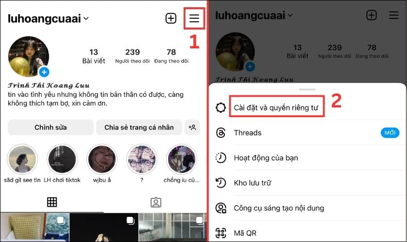 Nhấn v&agrave;o mục C&agrave;i đặt v&agrave; quyền ri&ecirc;ng tư