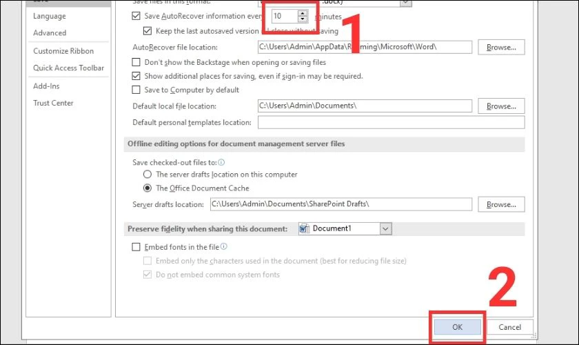 Nhấn Ok để hoàn tất cách bật chế độ tự động lưu file Word