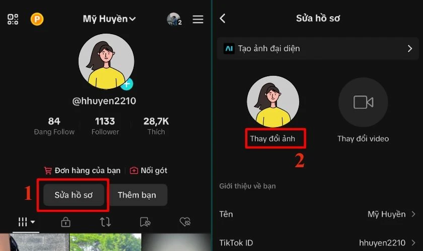 Nhấn chọn Sửa hồ sơ v&agrave; chọn chức năng Thay đổi ảnh