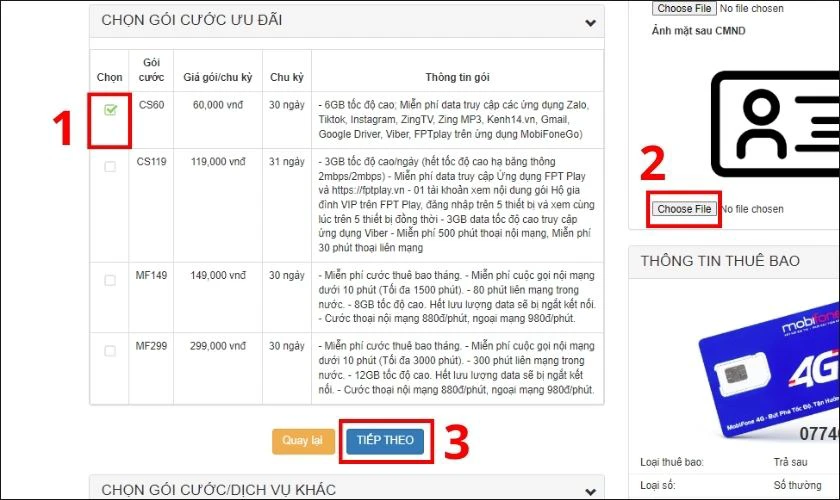 Nhấn v&agrave;o n&uacute;t TIẾP THEO để ho&agrave;n tất đặt mua sim online