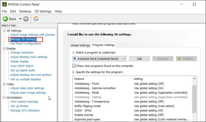 Sau đ&oacute; bạn nhấn v&agrave;o Manage 3D Settings