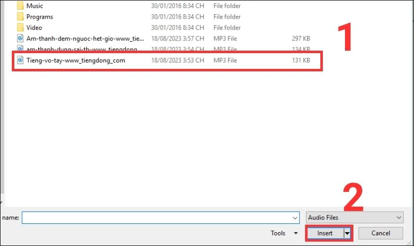 Chọn file &acirc;m thanh cần ch&egrave;n v&agrave;o PowerPoint 
