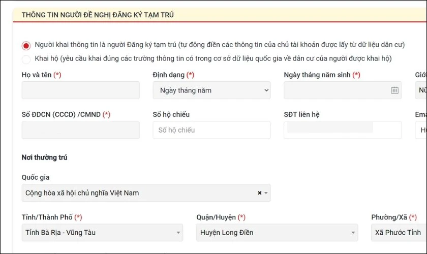 Nhập đầy đủ thông tin mà hệ thống yêu cầu