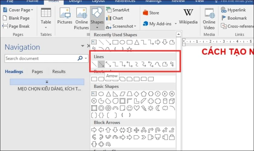 Chọn hình dạng đường kẻ muốn thêm vào Word