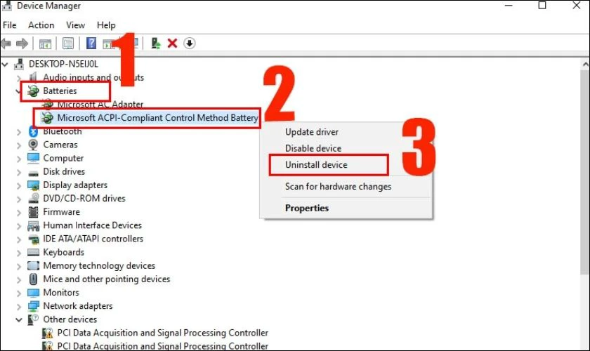 Sau đ&oacute;, h&atilde;y nhấn phải chuột v&agrave;o Microsoft ACPI-Compliant Control Method Battery v&agrave; chọn Uninstall device