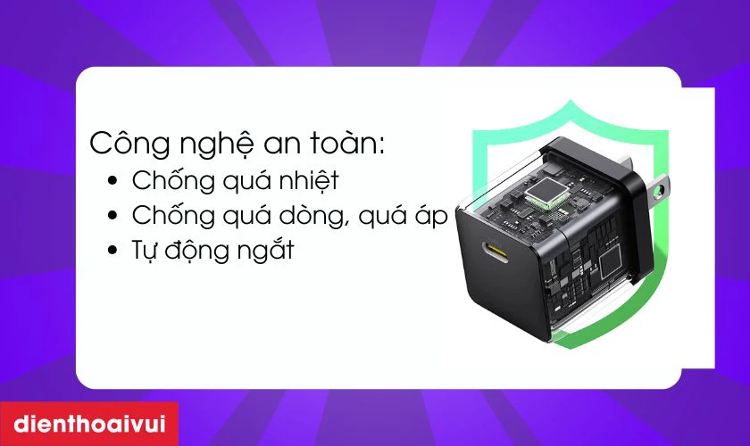 Sạc nhanh Baseus Palm 1C 20W US được trang bị nhiều c&ocirc;ng nghệ sạc an to&agrave;n
