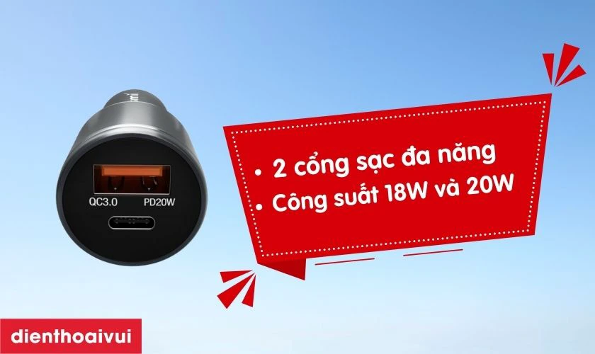 Sạc nhanh &ocirc; t&ocirc; Mini Trusmi 1 USB-A + 1 USB-C 38W CC05 t&iacute;ch hợp 2 cổng sạc