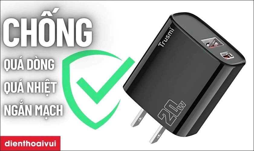 Sạc nhanh Trusmi 1A + 1C PD 20W (US) CH07 t&iacute;ch hợp nhiều lớp bảo vệ th&ocirc;ng minh