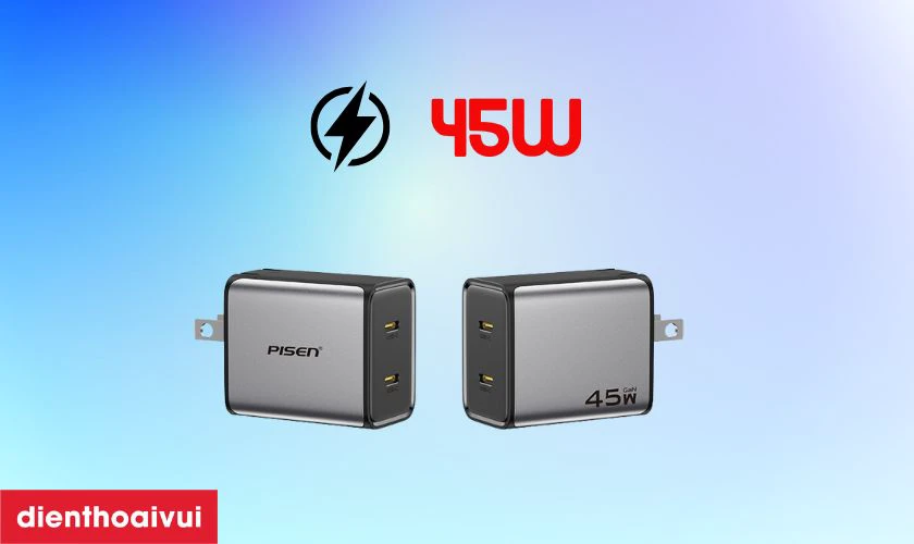 Sạc Pisen Bolt Utility c&oacute; c&ocirc;ng suất tối đa 45W v&agrave; trang bị 2 cổng USB-C