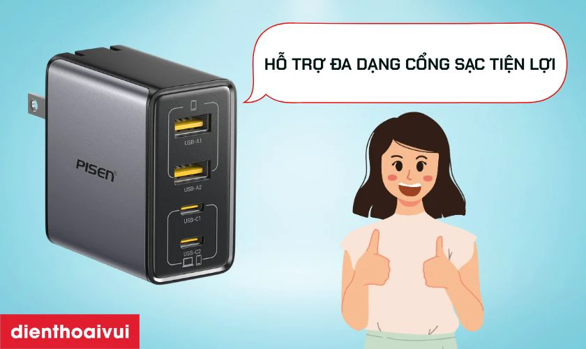 Sạc Pisen Bolt Utility 65W 2C Gan Fast k&egrave;m c&aacute;p Type-C to Type-C c&oacute; 4 cổng sạc
