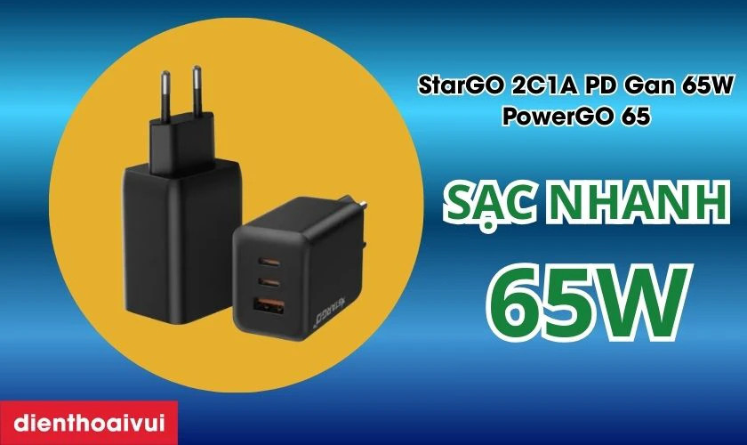 Sạc StarGO 2C1A PD Gan 65W PowerGO 65 c&oacute; c&ocirc;ng suất 65W