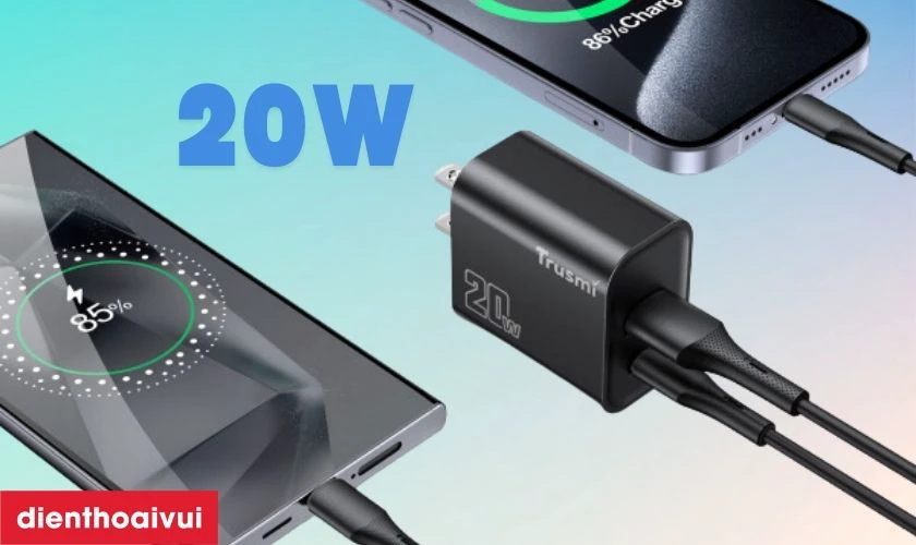 Đặc điểm của sạc Trusmi cổng 1A1C PD 20w k&egrave;m c&aacute;p Type-C to Type-C 60w (US) CH11