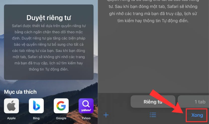 Để kết th&uacute;c chế độ t&igrave;m kiếm ẩn danh, chạm v&agrave;o n&uacute;t Xong