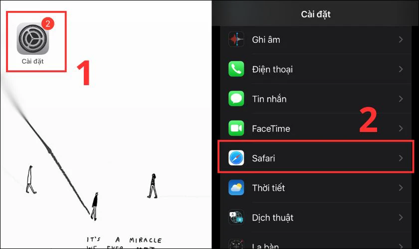 Mở ứng dụng C&agrave;i đặt tr&ecirc;n iPhone v&agrave; chọn Safari