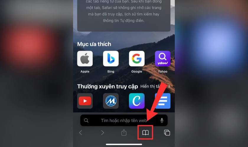 Mở tr&igrave;nh duyệt Safari v&agrave; chạm v&agrave;o biểu tượng Dấu trang