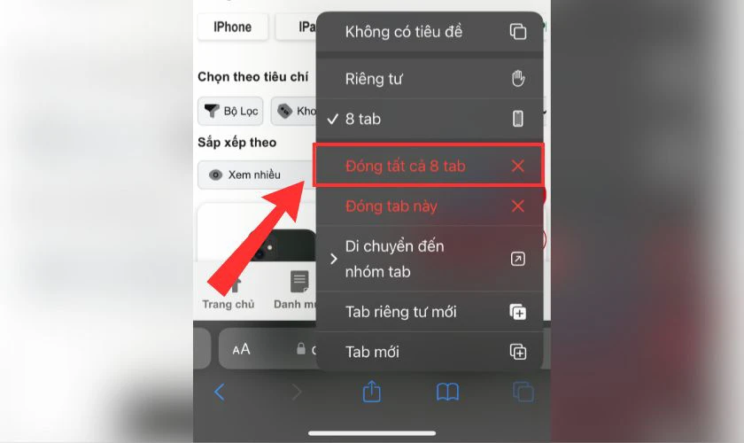 C&aacute;ch đ&oacute;ng tất cả c&aacute;c tab tr&ecirc;n Safari điện thoại