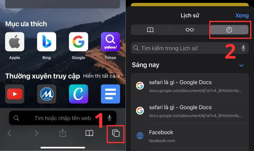 Kh&ocirc;i phục Tab vừa đ&oacute;ng qua lịch sử duyệt web
