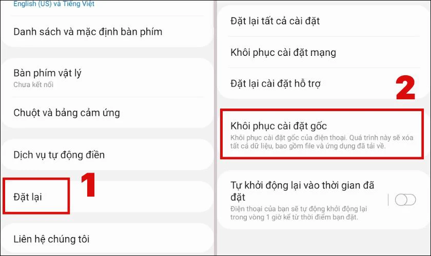 Trong giao diện hiển thị, bạn tìm chọn Đặt lại và ấn vào Khôi phục cài đặt gốc